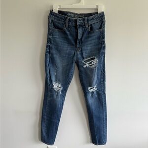 American Eagle Outfitters Women's Dark Blue Ripped Skinny Jeans